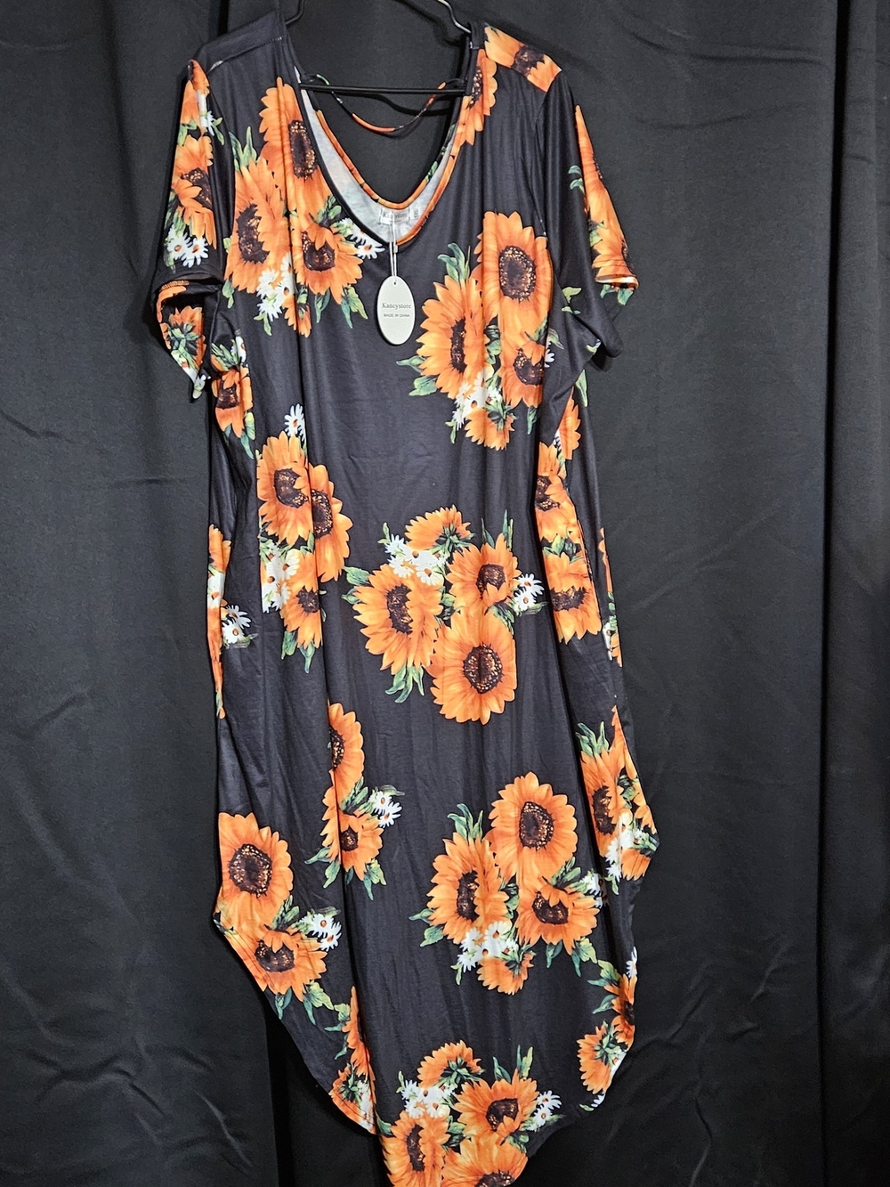 Black Dress with Bold Orange Sunflower Print